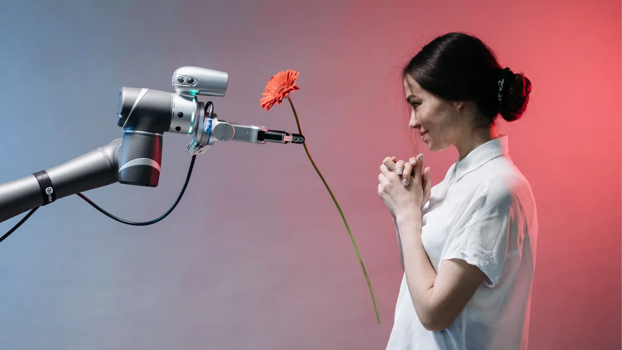 Brazo robótico ofreciendo una flor a una mujer: tecnología al servicio de las personas